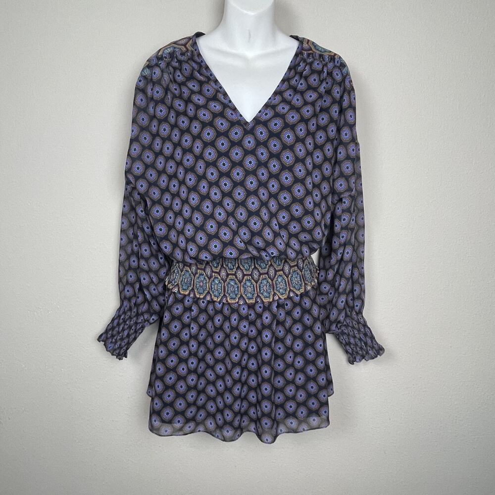 NWT Ramy Brook Davie Dress S Geometric Print Boho Mini Smocked Waist Ret $495